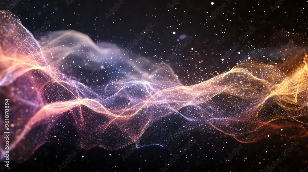 Poster abstract glowing particles form a wave.