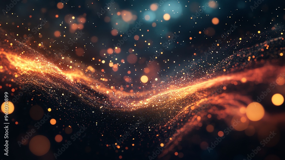 Poster abstract background of sparkling particles with a warm glow.