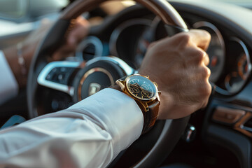  man in white shirt driving car, close up of hand on steering wheel wearing luxury watch
