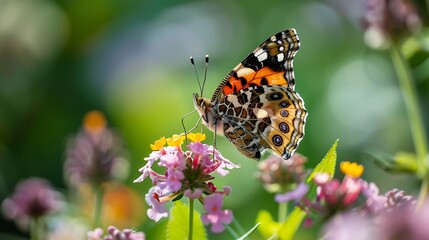 Obraz premium Gorgeous butterfly in closeup perched on a blossom in a summer garden