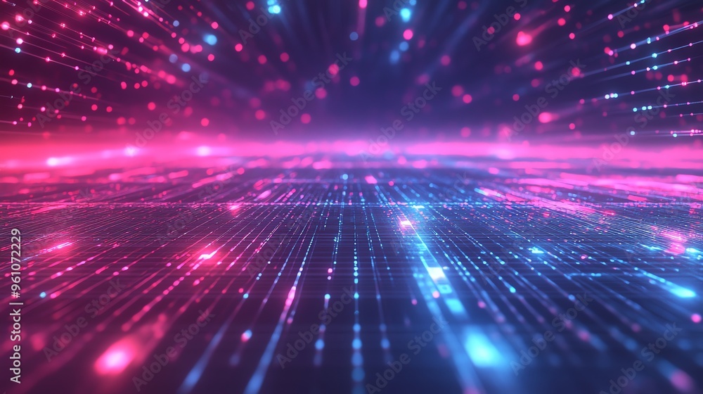 Poster abstract glowing lines and particles, digital grid in pink and blue, futuristic technology backgroun