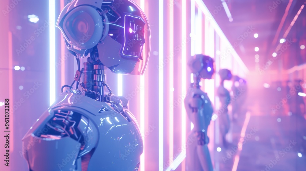 Poster a row of advanced humanoid robots stands in a neon-lit corridor, reflecting the cutting-edge technol