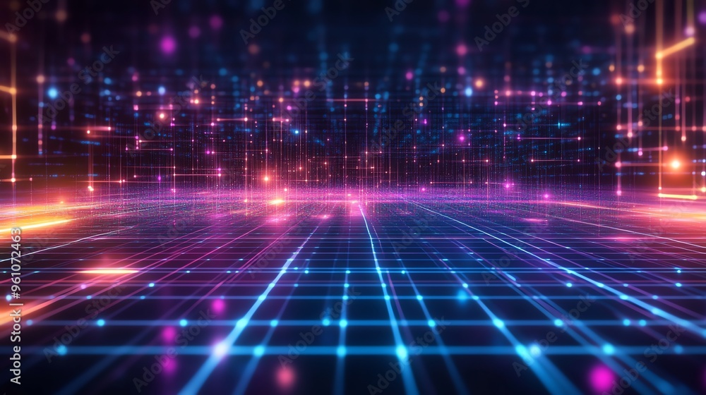 Poster abstract digital grid with glowing lines and data.