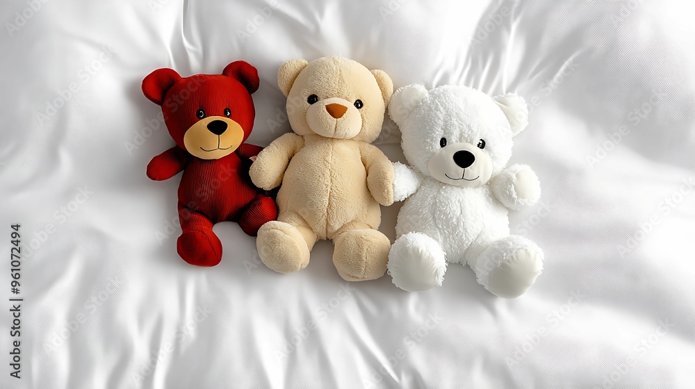 Poster cozy vintage display of cuddly plush toys on bed - realistic and warm overhead view with sharp focus