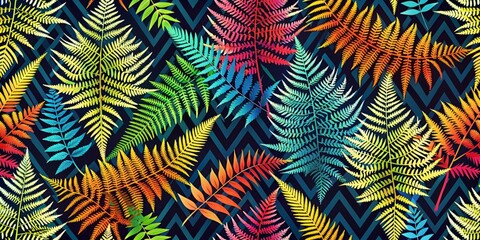Develop a playful, abstract fern pattern with stylized, graphic fronds and stems in bold, contrasting colors on a dynamic, geometric background, blending organic and digital elements.