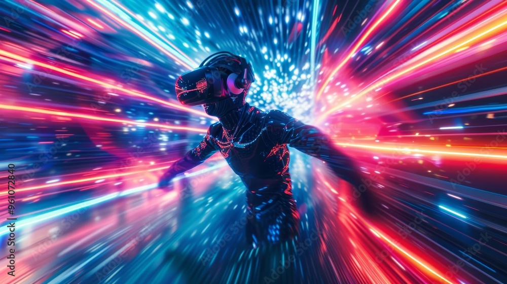 Poster a dynamic vr experience captured with neon streaks and motion blur, depicting a user immersed in a f