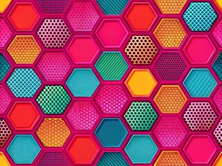 In a bold, graphic style, octagons in a grid formation take center stage on a bright, poppy pink background, with crisp lines, vibrant colors, and a touch of playful texture.