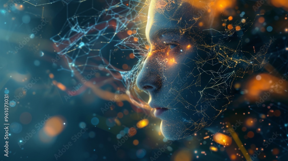 Poster a close-up of a futuristic human face, intricately connected with glowing digital networks and abstr
