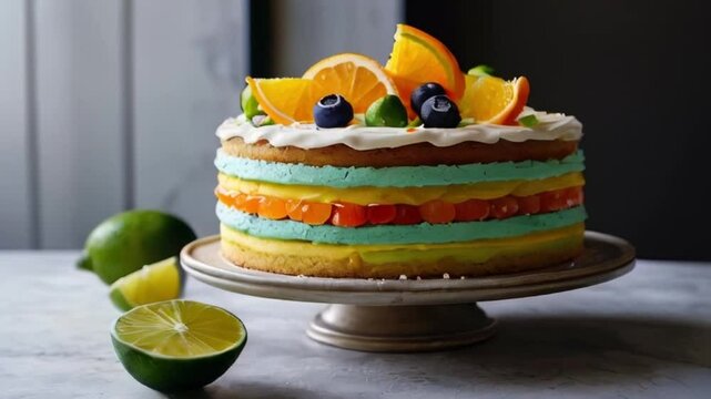 Bright citrus-themed cake Elegant white cake with a sleek, silver mirror glaze, adorned with fresh flowers and subtle edible pearls for a sophisticated look.with lemon, orange.