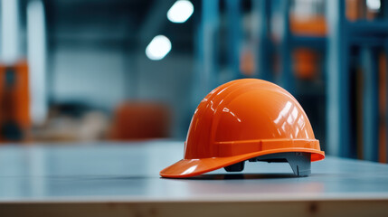 An orange construction helmet sits on a table in a warehouse, symbolizing safety and industrial work within a structured environment.