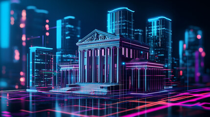 Conceptual digital transformation of banking and financial services with a neoclassical bank building in a high tech neon lit virtual cityscape symbolizing fintech