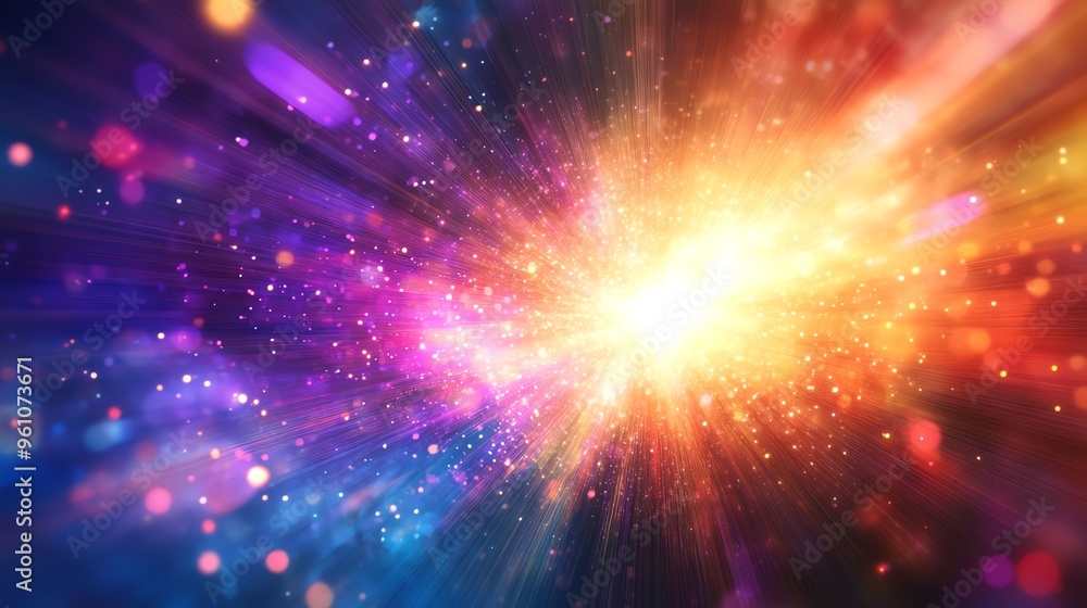 Poster abstract background with bright light rays and glowing bokeh.