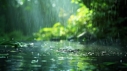 Fototapeta premium 9. Wet and vibrant nature scene with continuous rain, reflecting the essence of the rainy season