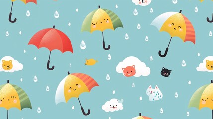 Obraz premium 16. Seamless pattern featuring colorful umbrellas, fluffy clouds, raindrops, and cute pets on a light blue background