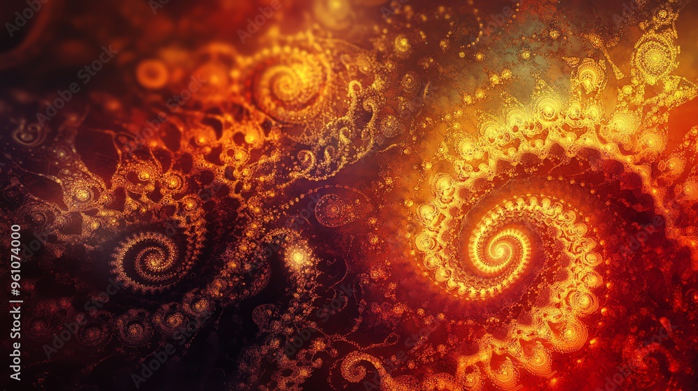 Poster abstract fractal with swirling patterns and glowing light in shades of red and orange.