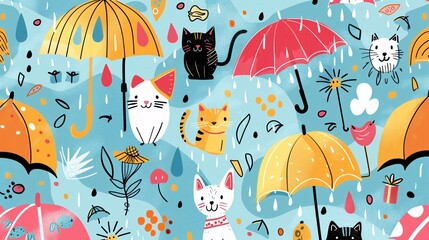 20. Fun and cheerful seamless design with umbrellas, pets, and rain elements, perfect for gift wrap or wallpaper