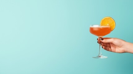 Citrus Bliss on Turquoise: A woman's hand gracefully holds a vibrant orange cocktail, adorned with a fresh orange slice, against a tranquil turquoise backdrop, inviting you to taste the summer. 