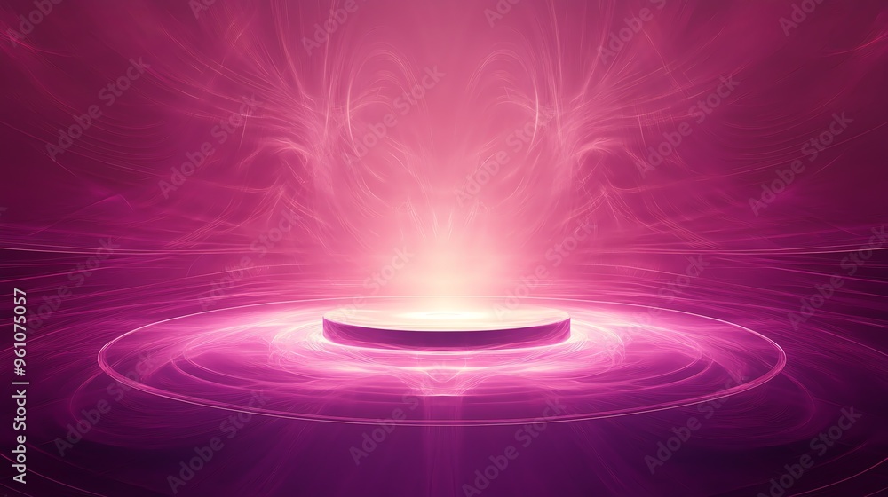 Poster abstract pink background with glowing lights and a round platform.