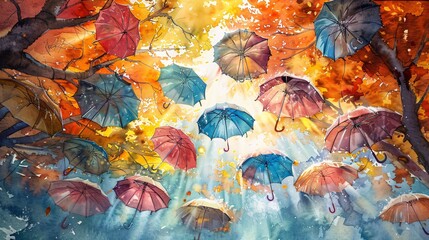 43. Elegant Hollywood-style watercolor painting capturing the beauty of a fall tree canopy with vibrant foliage, hanging umbrellas, and streaming sunlight