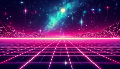 Retro 80s-inspired synthwave scene with neon grids and star-filled skies