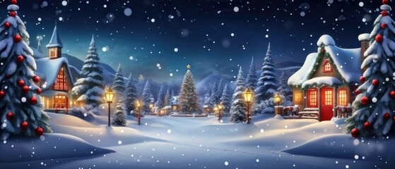 Naklejka premium A picturesque winter wonderland with snow-covered cottages, a glowing Christmas tree, and falling snowflakes.