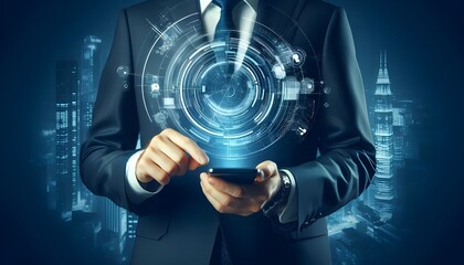 Businessman Using Mobile Phone for Digital Wallet and E-commerce Transactions - Futuristic Mobile Banking, Smart E-wallet and Online Financial Services Concept, Financial Technology and Economy