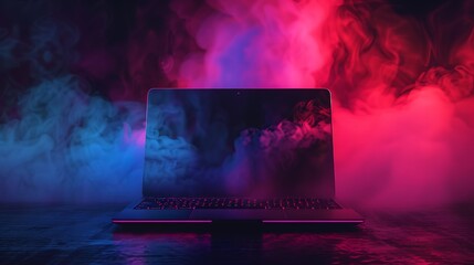 gaming laptop on a dark smoky neon lights.