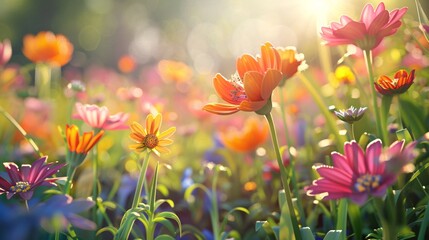 68. Animated 3D cartoon of joyful spring flowers, surrounded by a kaleidoscope of colors in a sunny summer garden