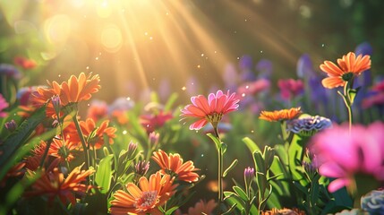 69. Smiling spring flowers in a 3D animated background, featuring a bright and colorful summer garden with sunlight enhancing the cheerful scene