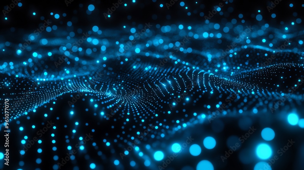 Poster abstract blue glowing particles form a wavy pattern, perfect for tech and data themes.