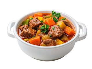 Savory beef stew with vegetables in a white bowl. A comforting dish for hearty meals.