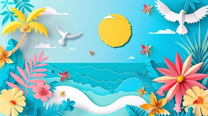 Fototapeta premium 86. Art and craft style summer paper cut symbols and objects with a clean background, providing ample space for text, ideal for ads, banners, and posters