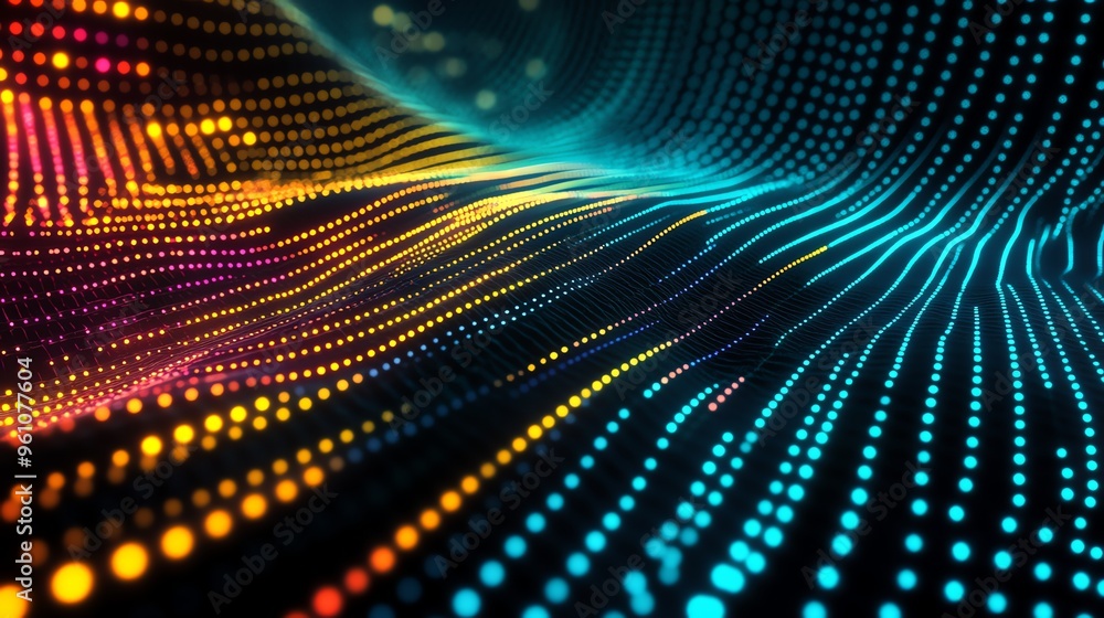 Poster abstract digital background with colorful glowing dots.