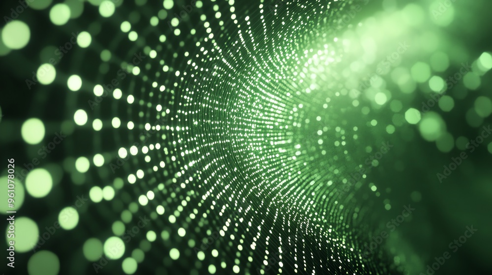 Poster abstract green light tunnel with bokeh effect.