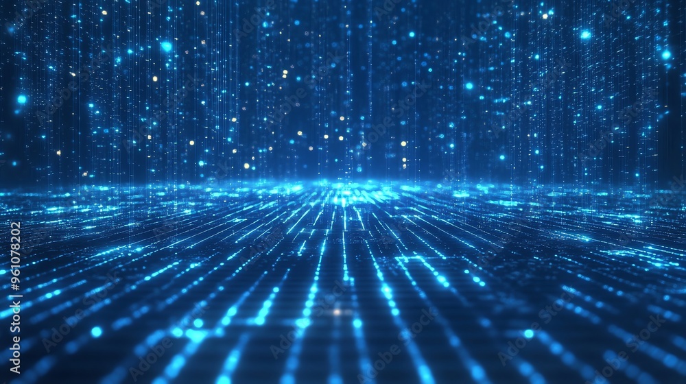 Poster abstract digital background with glowing blue lines and particles.