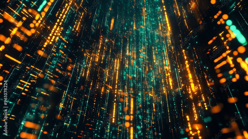 Poster abstract digital background with glowing lines and dots in orange and teal.