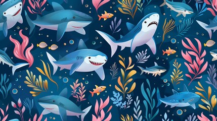 Obraz premium 104. Lively underwater world pattern with cute cartoon sharks and flowing seaweed, designed as a seamless vector texture for kids' clothing and textile graphics