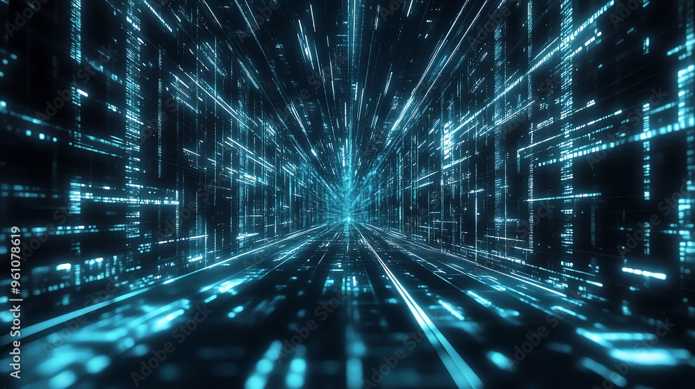 Poster abstract digital tunnel with glowing blue data streams.