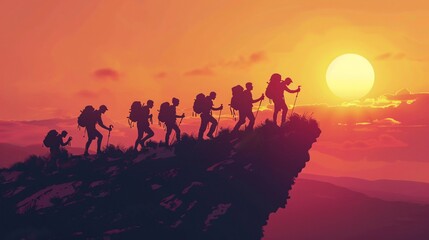 Fototapeta premium 107. Dynamic set of landscapes showcasing a group of friends hiking, supporting each other as they climb to the top, highlighting the joy of discovering and exploring nature