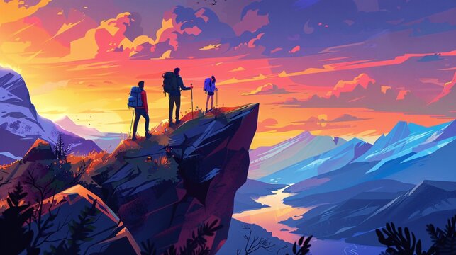 110. Detailed landscape illustration of friends hiking together, overcoming challenges and enjoying the breathtaking views, perfect for travel and adventure-themed designs