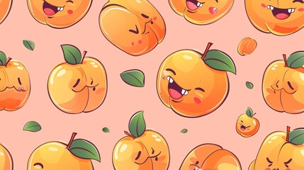 114. Delightful vector pattern of kawaii peach fruits with various expressions, creating an engaging and repetitive cartoon background