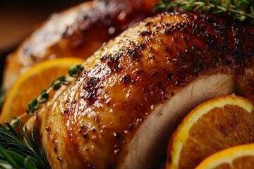 Perfectly roasted turkey with golden brown skin, garnished with orange slices and herbs, creating delicious and inviting presentation.