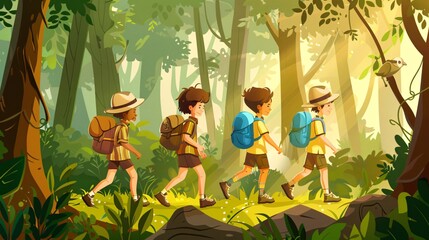 118. Engaging summer camp background with a cartoon poster of children Scouts walking through the forest, perfect for educational flyers and advertising brochures