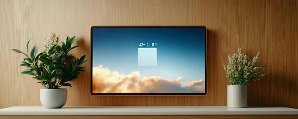 Calendar app on a TV screen with plants on a shelf.