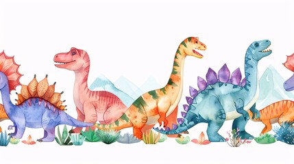 Naklejka premium 122. Cute watercolor illustration of various dinosaurs forming a seamless border, perfect for children's room decor and playful designs