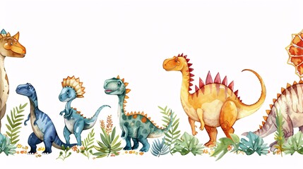 Fototapeta premium 122. Cute watercolor illustration of various dinosaurs forming a seamless border, perfect for children's room decor and playful designs