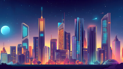 Retro Pixel Art Futuristic Cityscape with Old and Modern Buildings   8 bit Video Game Interface Background Nighttime Cyberpunk Theme