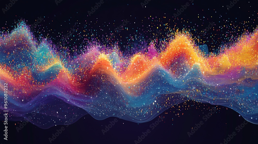 Poster abstract colorful wave of particles with glowing light.