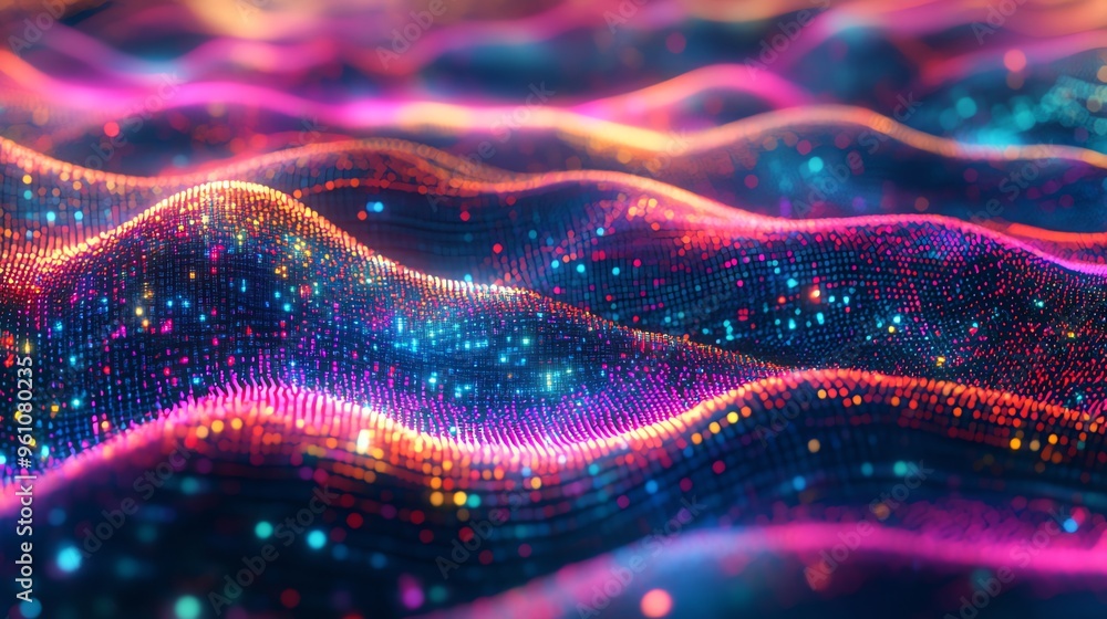 Poster abstract background with colorful glowing particles forming wavy lines.