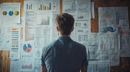 Man analyzing charts and graphs on wall for data review